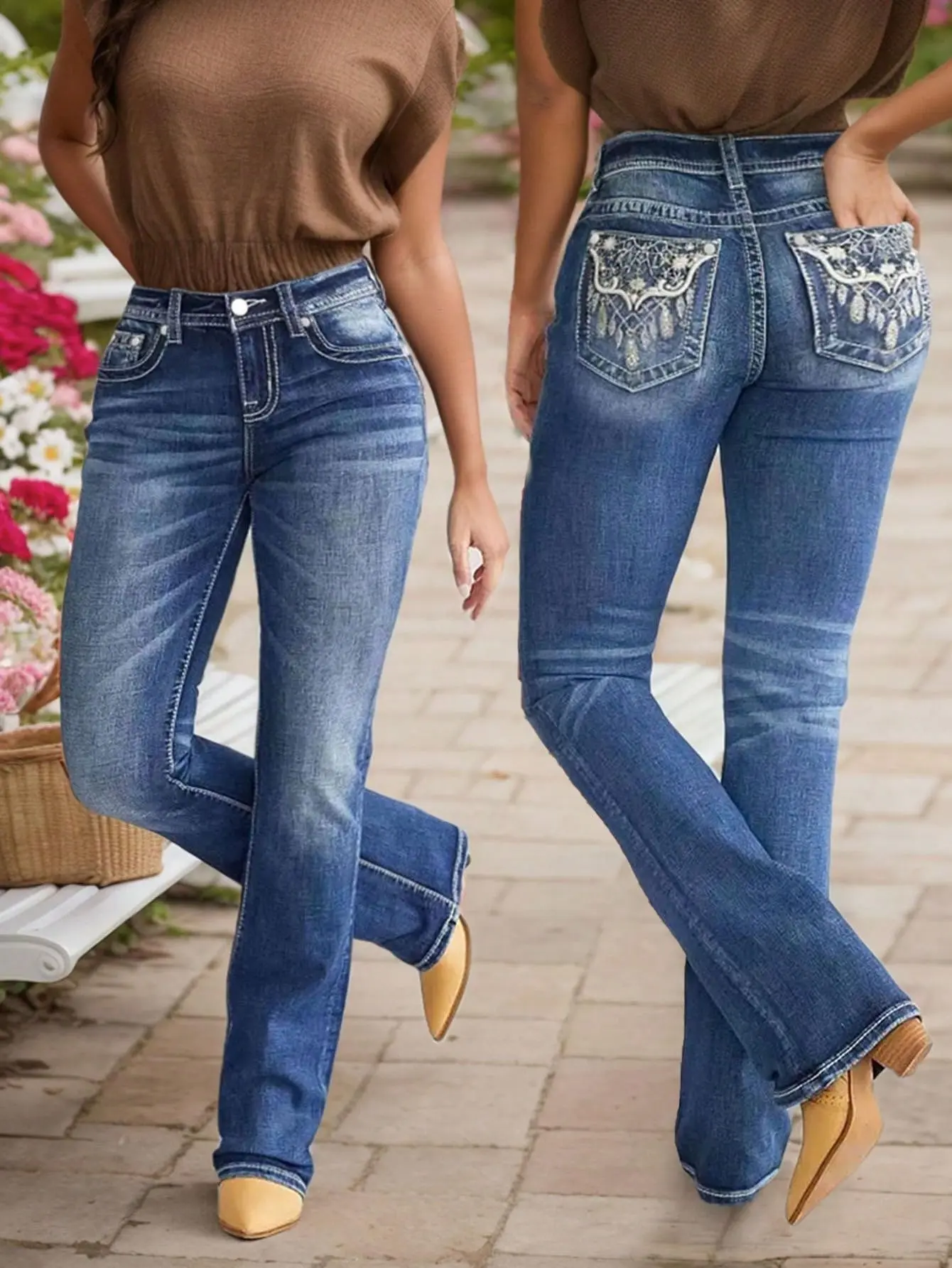 Women's Mid-Rise Embroidered Pocket Bootcut Jeans - Minimalist Soft Fabric Trouser, Slimming Stretch Denim for Everyday Wear, Chic, Vintage, Pants, Bottom, Fitted, Basic, Rodeo Outfit Inspo, Western Ootd, Flare Leg, Casual, Slender Fit, Butt Shaping Jeans