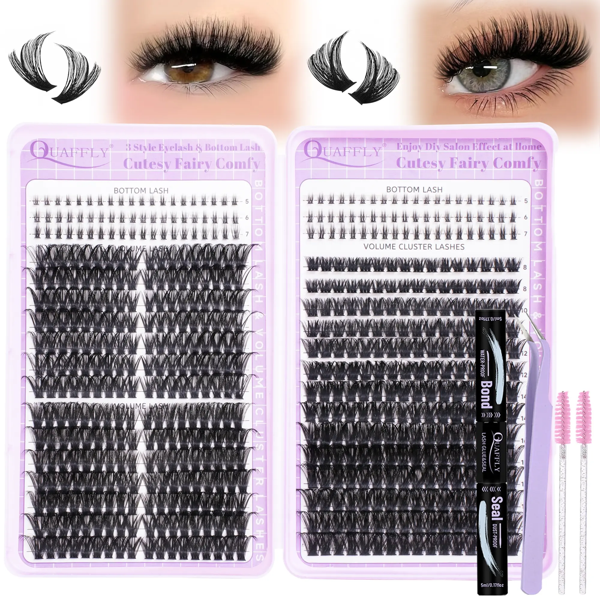596Pcs Lash Extension Kit Cluster Lashes Kit+Bottom Lashes Clusters with Lash Bond and Seal Lash Tweezers Eyelash brush(80P 100P+Bottom Lashes Kit) DIY Lash Cluster Diy Eyelash Extensions Eyelash Extension Set Eyelashes Extensions Kit