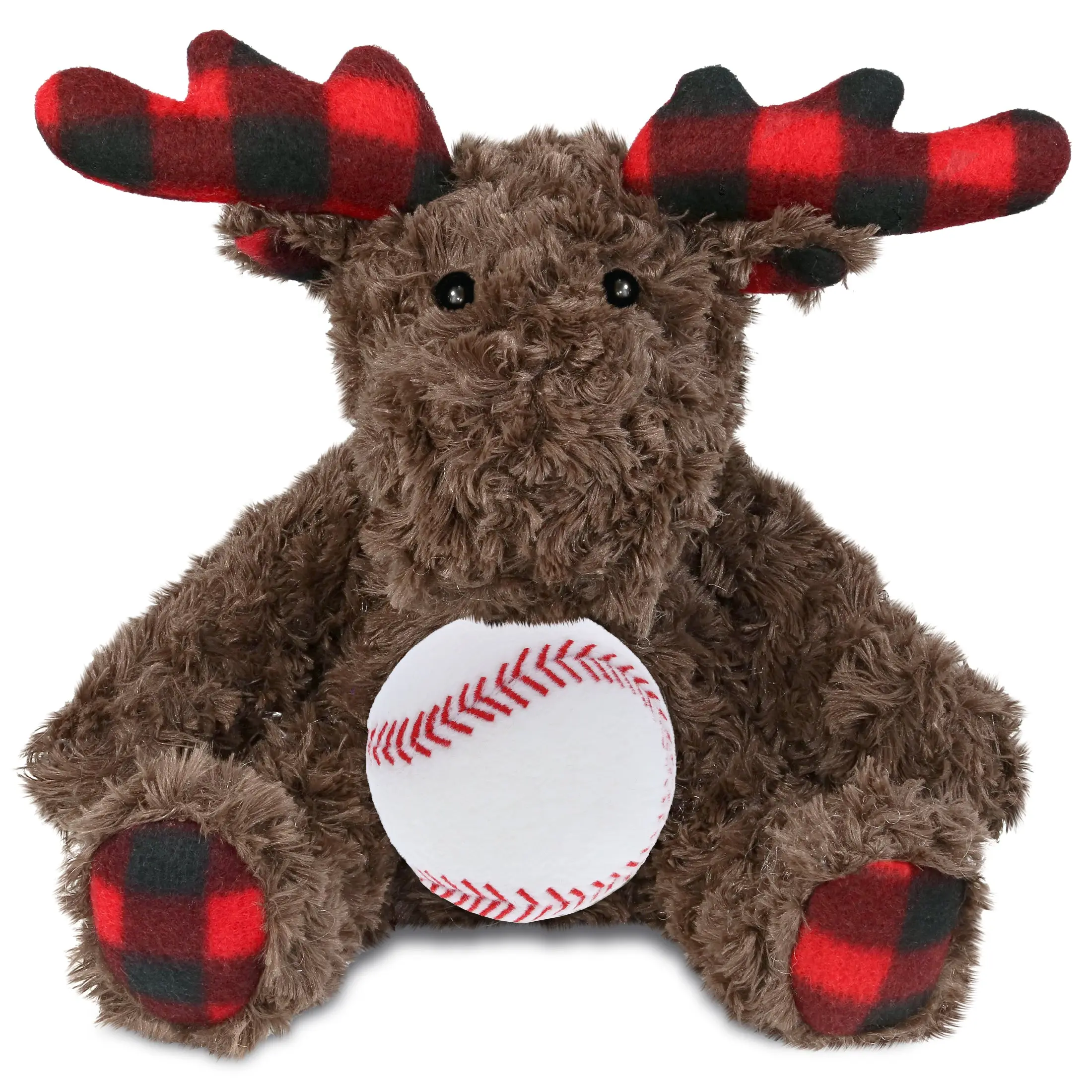 DolliBu Plaid Curly Moose Stuffed Animal with Plush Baseball - Soft Plush, Huggable Cute Collectibles, Animal Stuffed Toys for Kids, Plushie Love Gift - 9 In