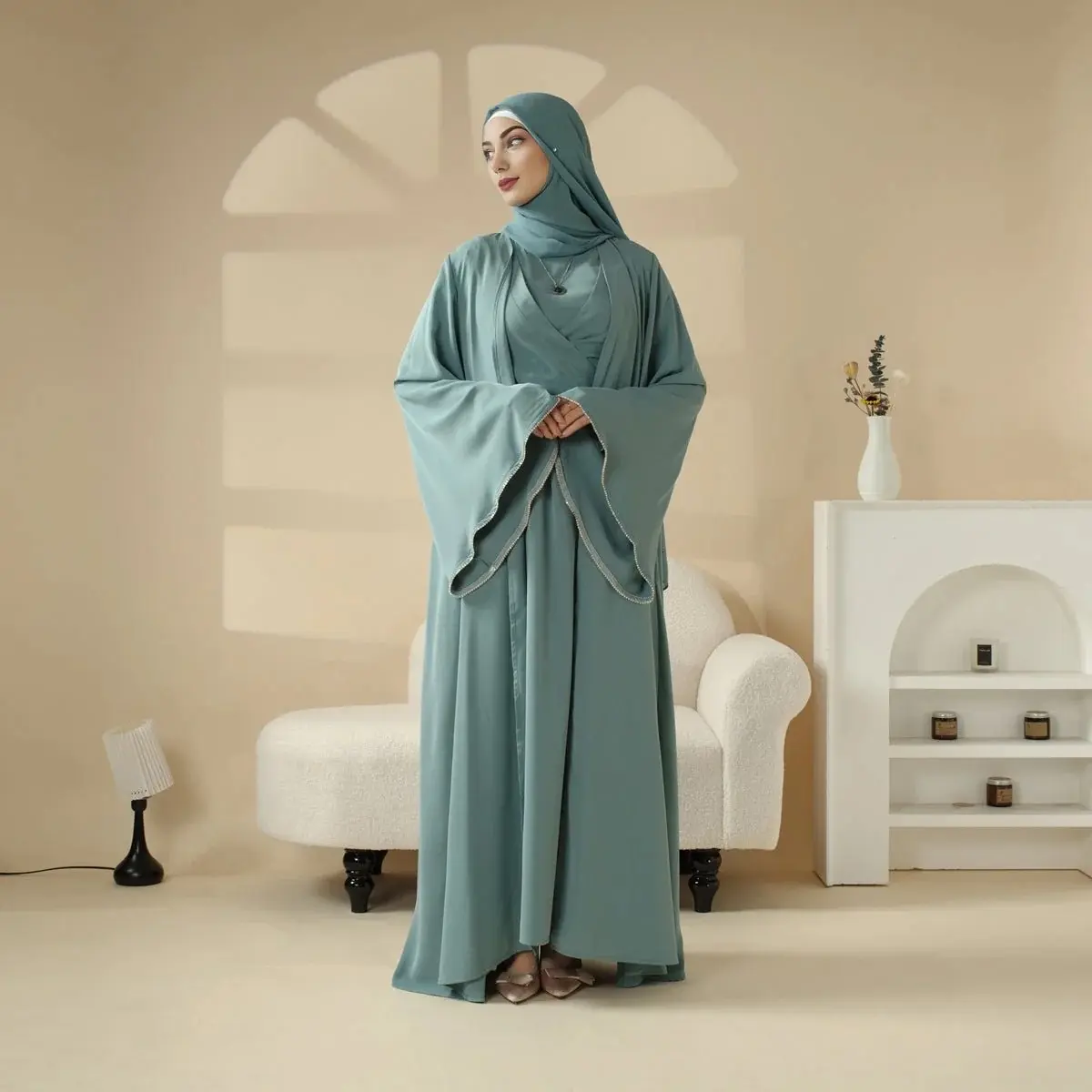 NisaModest Women's Elegant 3-Piece Abaya Dress Set | Kimono Maxi with Rhinestone Detail, Full-Coverage Inner Dress & Chiffon Hijab, Long Sleeve, 3-Piece Set, Hijab Style, Casual, Modesty Abaya
