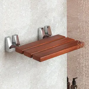 Folding Shower Seat - Teak Shower Seat Wall Mounted - 16 Inch Floating Fold Down in Shower Bench - Fold Up Bathroom Stool - Foldable Teak  Chair with Stainless Steel Wall Mount - 330lb Capacity