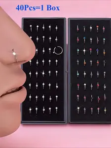 40pcs Elegant Rhinestone Nose Rings Set, Spiral Nose Ring, Acrylic Nostril Piercing Hoop Rings, 8mm Cartilage Tragus Daith Earrings, 20 Gauge, Cute Daily & Party Accessory, All-Season Jewelry