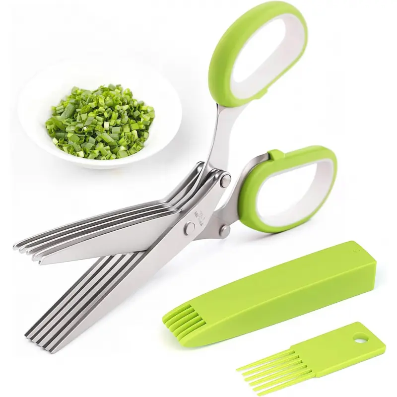Green Herb Scissors, Kitchen Shears with 5 Blades and Cover, Multipurpose Cutting, Dishwasher Safe, Used for cutting herbs and paper, Stainless Steel, Kitchenware