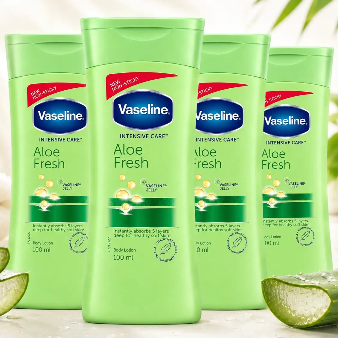 Vaseline Intensive Care Aloe Fresh Body Care Moisturizer Value Multipack Set - 100ml/3.4oz Non-Sticky Light Cream for Sensitive Skin & Teens, Daily Use, Deep Hydration with Aloe Vera, Restore Skin, Subtle Scent, Hydrating, All