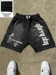 Men's Vintage Subculture Graphic Print Shorts, Casual Loose Shorts, Casual Distressed Sweatpants with Star Decor & Bold Text, Urban Street Style, Concert
