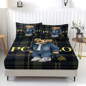 Teddy Bear Pattern Bed Sheet, Comfortable Printed Pattern, Includes 1 Bed Sheet and 2 Pillowcases, Comfortable Bedding, Non slip Dust Cover Suitable for Bedroom and Guest Room, Suitable as a Gift for Children or Adults