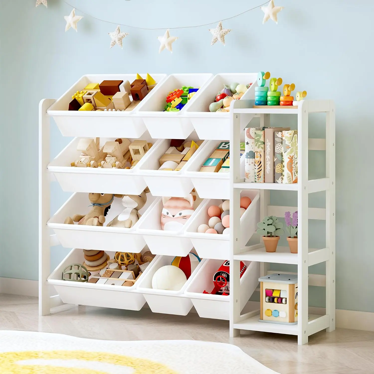 Toy Storage Organizer with Bookshelf, Kids Wooden Shelf with 12 Removable Bins for Books, Toys, Playroom, Nursery, Bedroom, White, Medium Toddler Bookshelf Storage Rack