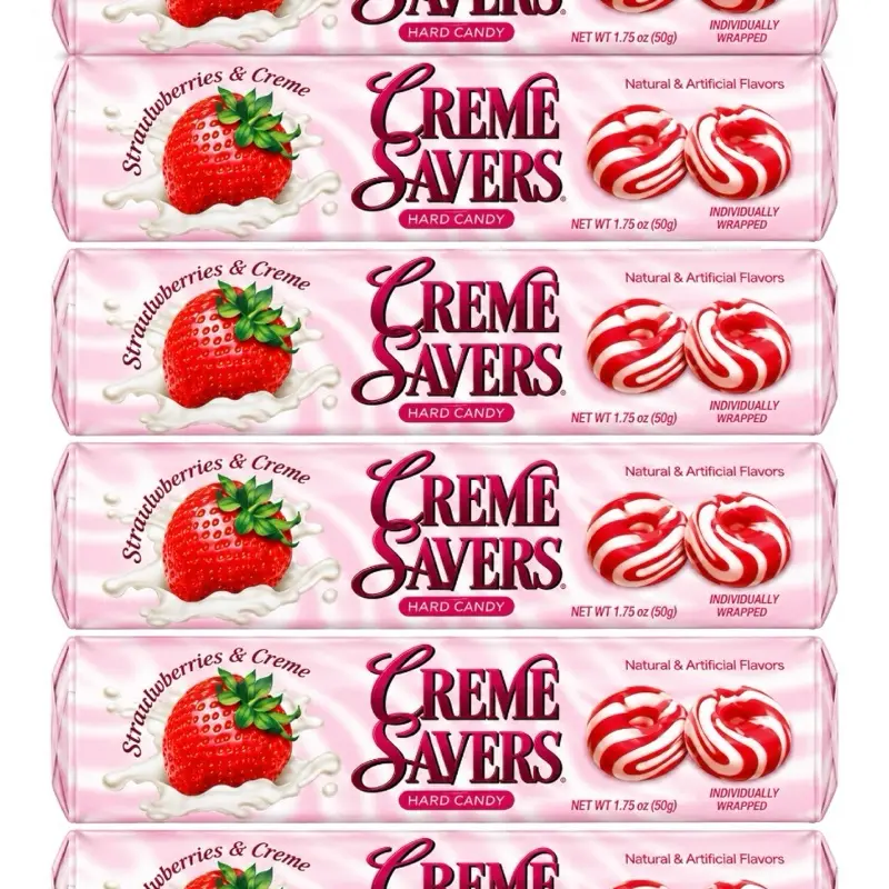 6 Pack- Creme Savers Strawberries & Creme Hard Candy | 6 Pack | Individually Wrapped Strawberry & Cream Candy Rolls | Retro Candy Favorite | NYC Bodega Classic | NY Snack Pantry
