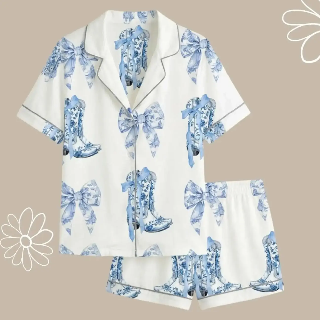 Cowgirl Satin Pajama Set - Blue Toile Cowboy Boot & Bow Sleepwear