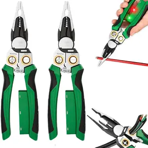 2Pcs 8 in 1 Wire Stripping Pliers with Voltage Tester, Multi-function Wire Stripper Electrician's Pliers, Electric Wire Stripping Tool, Electrician Repair Tool (Green)