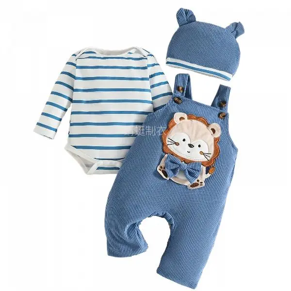 Baby Boy 0-3m/6-12m Winter Warm Polyester 2-Piece Striped Romper Set - Blue/White Stripes, Lion Ears Hat, Snap Buttons, Long Sleeve Hooded Tuxedo Pajama Shirt, 2‑Piece Romper Set