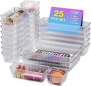 25 PCS Clear Plastic Drawer Organizer Set - 4 Sizes Makeup Organizer Desk Drawer Divider Bathroom Organizers and Storage Bins for Makeup, Jewelry, Gadgets, Office, Kitchen, Bedroom, Bathroom