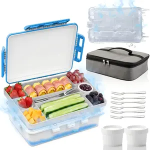 Chilled Portable Snack Box, Assorted Food Containers Set with Reusable Ice Pack, Divided Serving Tray, Bonus Insulated Bag, Dip Containers & Forks for Picnic, Travel, Back to School Gift