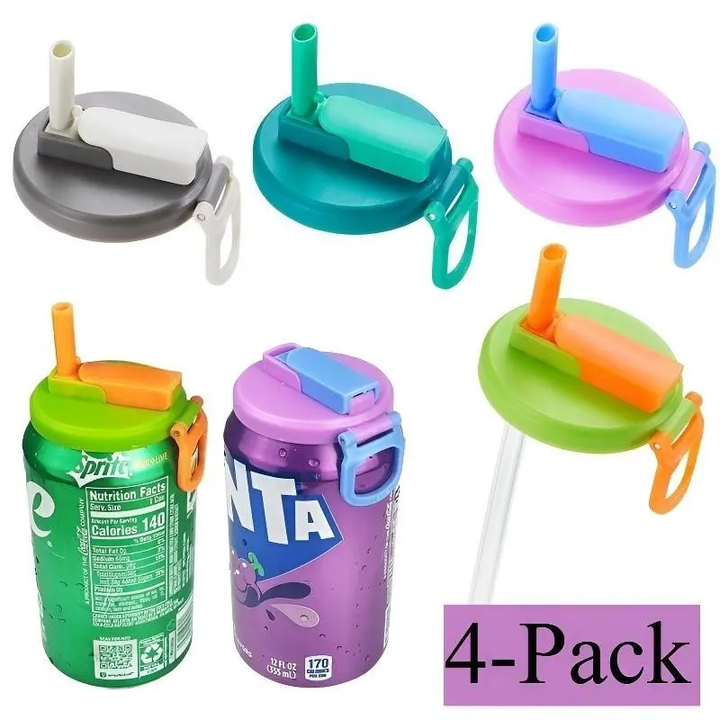 4pc BPA-Free Soda Can Lids, Reusable Plastic Lids for Seltzer, Juice & Beverage, Silicone Straws Included, Essential for Families, Traveling, Picnics
