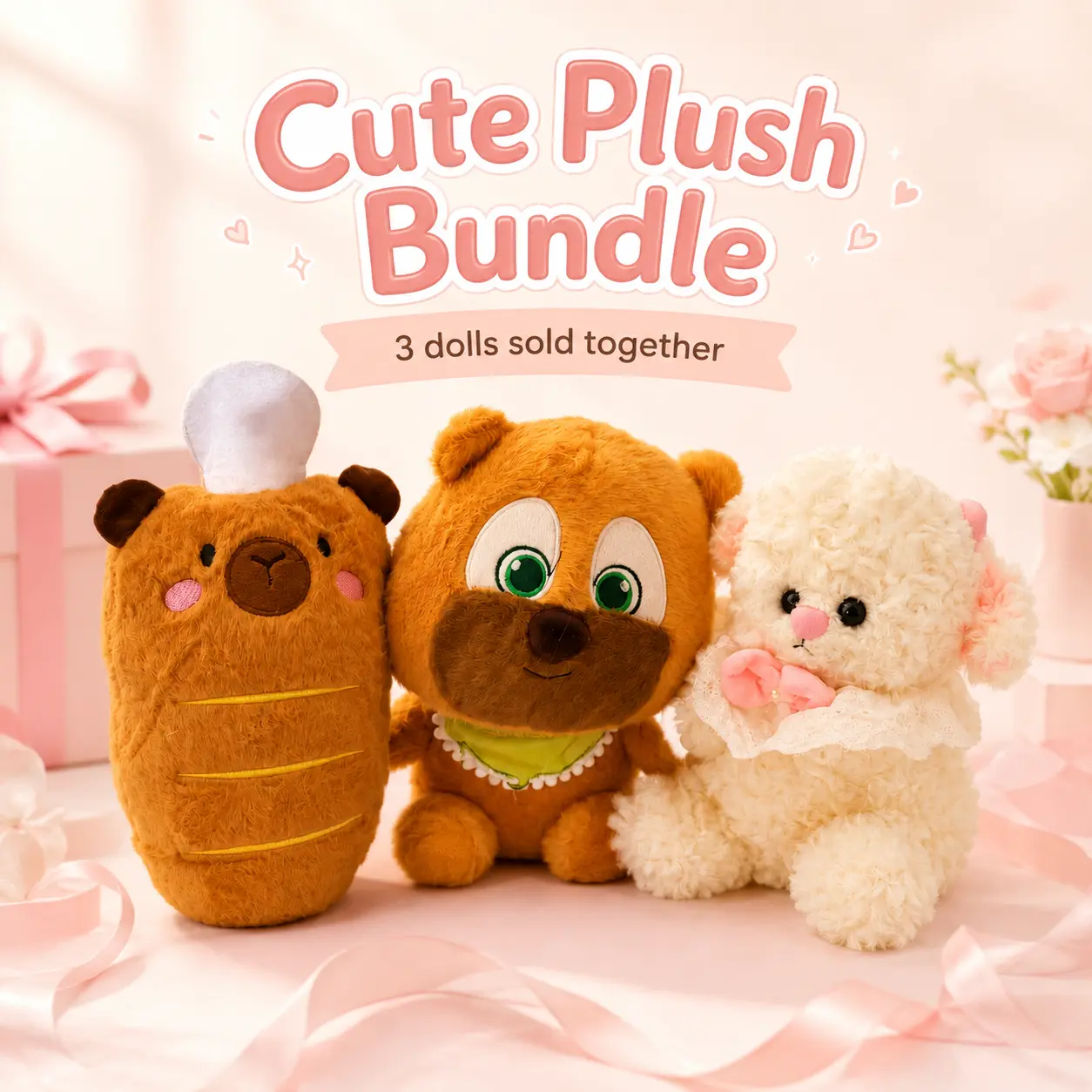 3-Piece Cute Plush Doll Bundle – Soft Stuffed Animal Set for Gifts & Room Decor