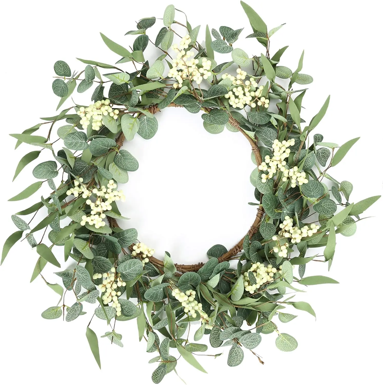 Pinkpum 20in Round Eucalyptus Wreath - Farmhouse Green Home Decoration, Front Door Wall Hanging, Curb Appeal Boost - Festive Decor for Valentine's Day, Children's Day