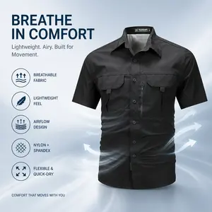 Men's Classic Short-Sleeve Button-Up Shirt - Black, Loose Fit, High-Quality Nylon-Cotton Blend, Hidden Ventilation Holes, Breathable for Summer Beach, Office Casual Outfits