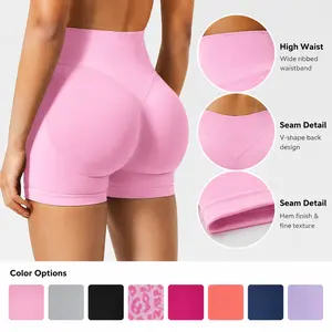 Women's High Waist Seamless Ribbed Waistband Workout Shorts - Yoga Biker Shorts for Gym, Running