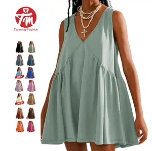 Tanming Women’s V-Neck Tank Sundress | Springfresh Casual Flowy Sleeveless A-line Mini Dress with Two Side Pockets, Layer with Mesh Tops on Chilly Days or Wear Alone for Spring,Summer Outfits Vneck Bluegrey Womenswear