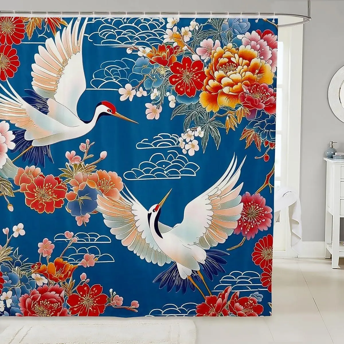 Japanese Crane Shower Curtain Oriental Asian Style Fabric Shower Curtain Retro Flower Bathroom Waterproof Accessories with 12 Hooks Ukiyo-E Theme Curtains
