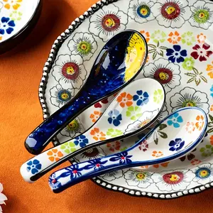 Polish Ceramic Dessert Spoons Set of 4, Traditional Hand-Painted Floral Design, Multipurpose Ceramic Soup Spoons for Home Use