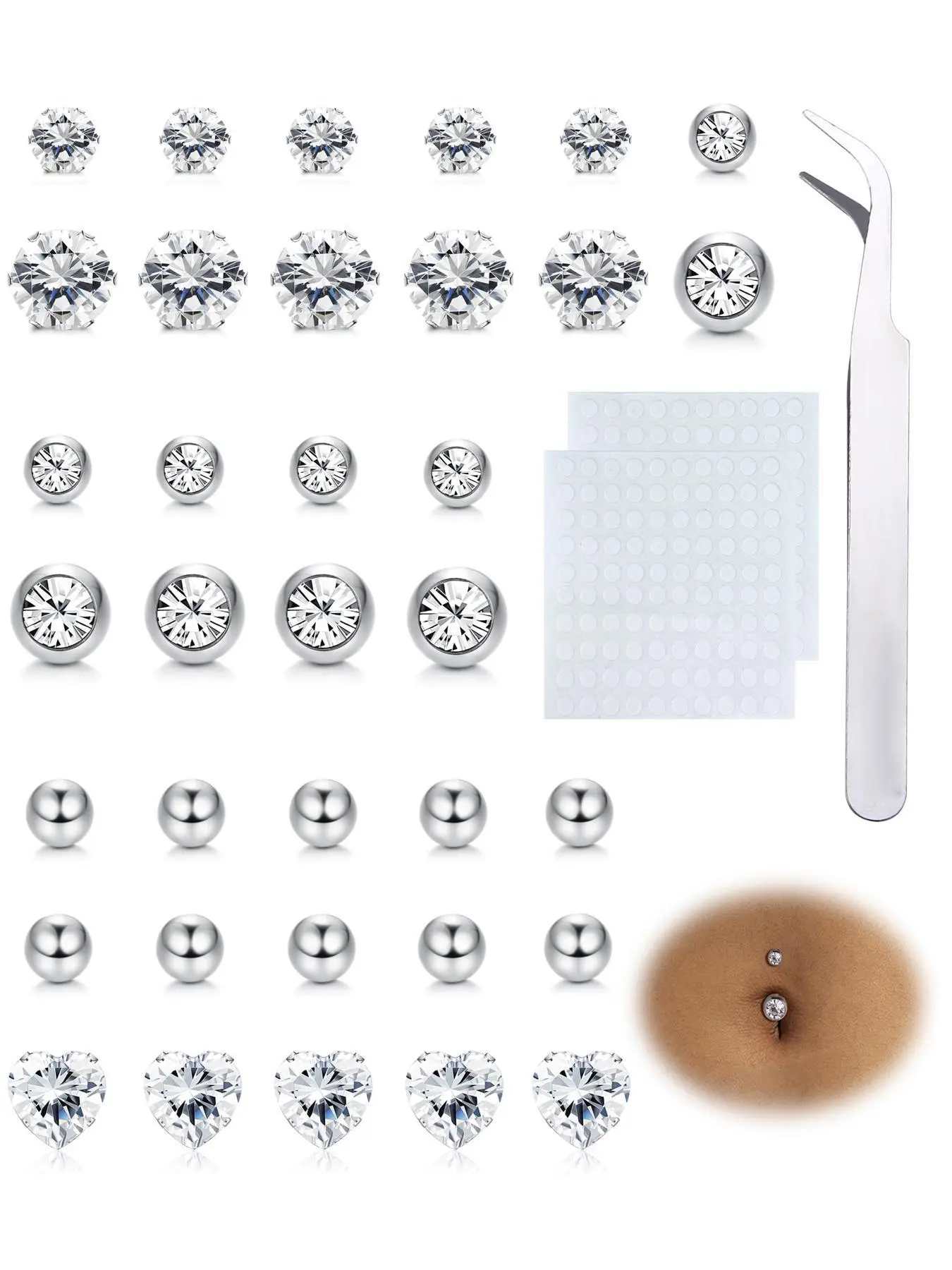 Fashionable Fake Belly Button Ring, Shiny Cubic Zirconia Nose Piercing Kit, Sparkling Zircon Inlay, Non-piercing Body Jewelry for Women & Girls, Trendy All-match & Exquisite Jewelry for Birthday Gift, Fake Belly Rings, Chic Body Jewelry, Body Jewellery
