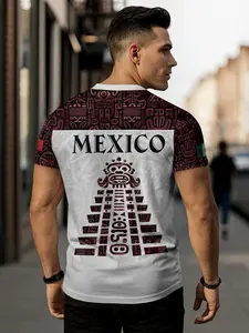 Mexico Aztec Pyramid Heritage Pride Warrior Spirit Shirt, Fitted Casual Style for All Seasons, All over Print with Tribal, Animal, Geometric and Ethnic Patterns