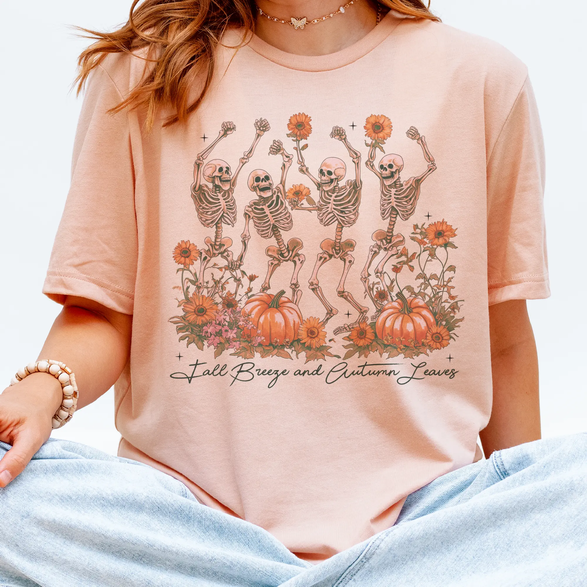 Fall Skeleton Tees Fall Breeze and Autumn Leaves Tshirts Dancing Skeleton Tees Fall Pumpkin Skull T-Shirts
