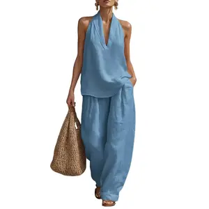 boho Piece sot- Pofec forBeach. yacition & Brunchl Halteor Neck Sloovodes To Wide og Pants set Breathable Fabric Womenswear Casual Halter