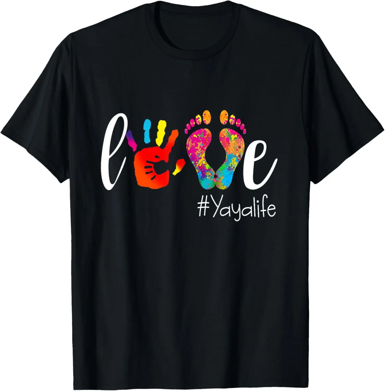 Women's 100% Cotton Short-Sleeve Casual Graphic T-Shirt - Round Neck, Colorful Love Yaya Life Print, Vintage Whimsical Look, Distressed Vibe, All Seasons, Wide Range of Sizes