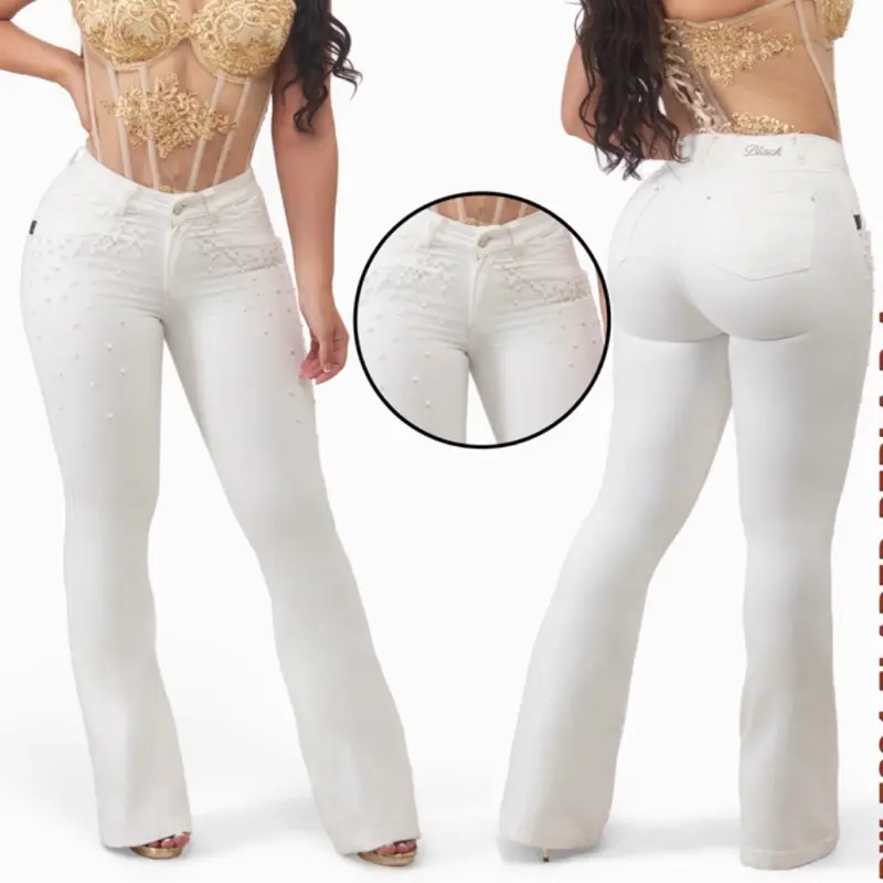 Women's White Pearl Colombian Flare Denim Pants - B72-94, Stretch Fabric, Luxury Details, Elegant Fit, Stylish Bottom