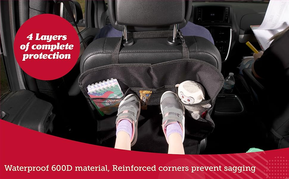 Black Oxford Fabric Car Seat Back Protectors (2-Pack) - Waterproof Backseat Covers with Snap Straps, Durable, Easy to Clean, Adjustable Universal Fit, 3 Mesh Pockets for Families on the Go, Practical Storage