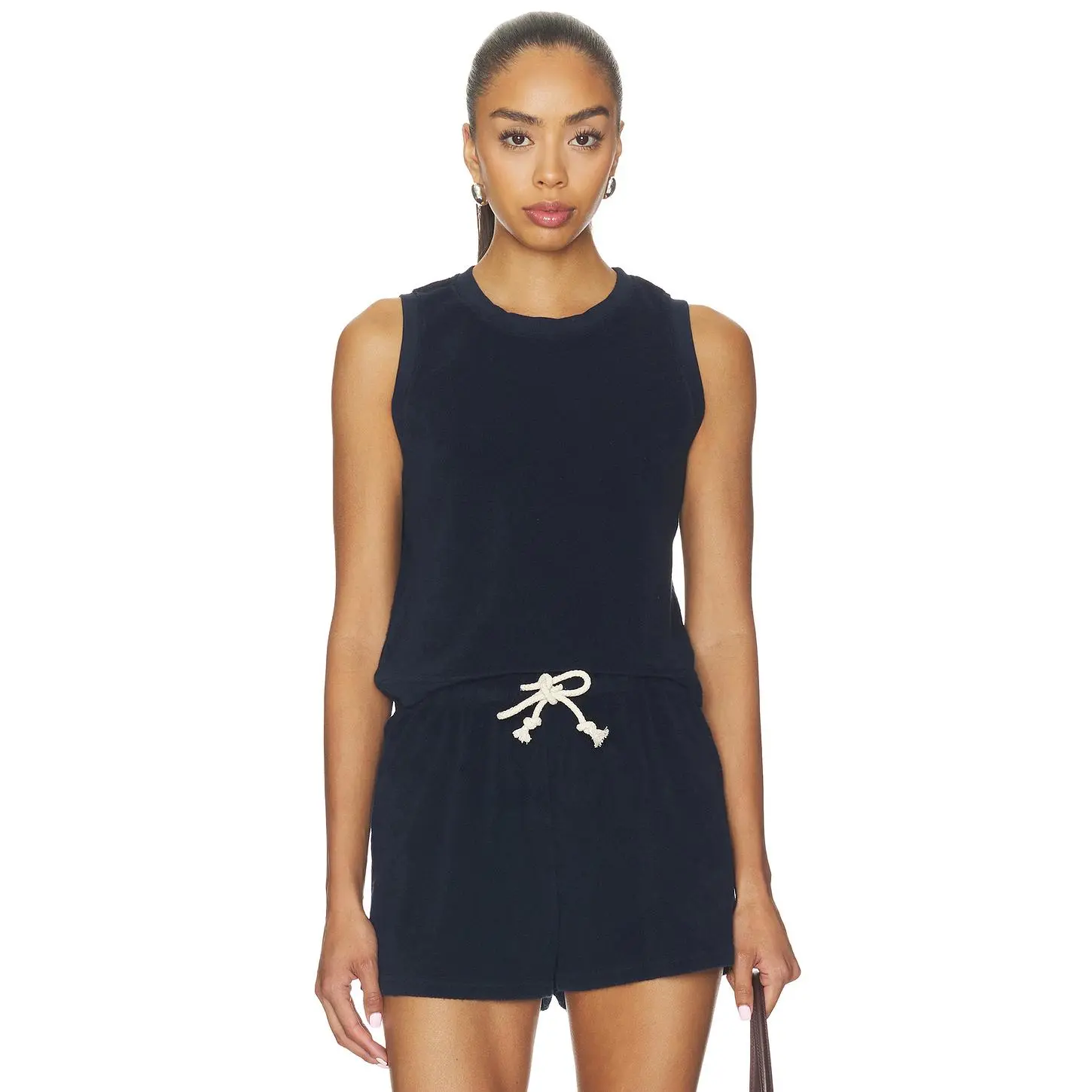 perfectwhitetee Esther Loop Terry High Neck Crop Tank in Navy