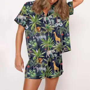 Safari Animal Satin Pajama Set For Women Print Comfy Satin Sleepwear & Loungewear Pjs Printing Silky Top & Bottoms - SHESHOW