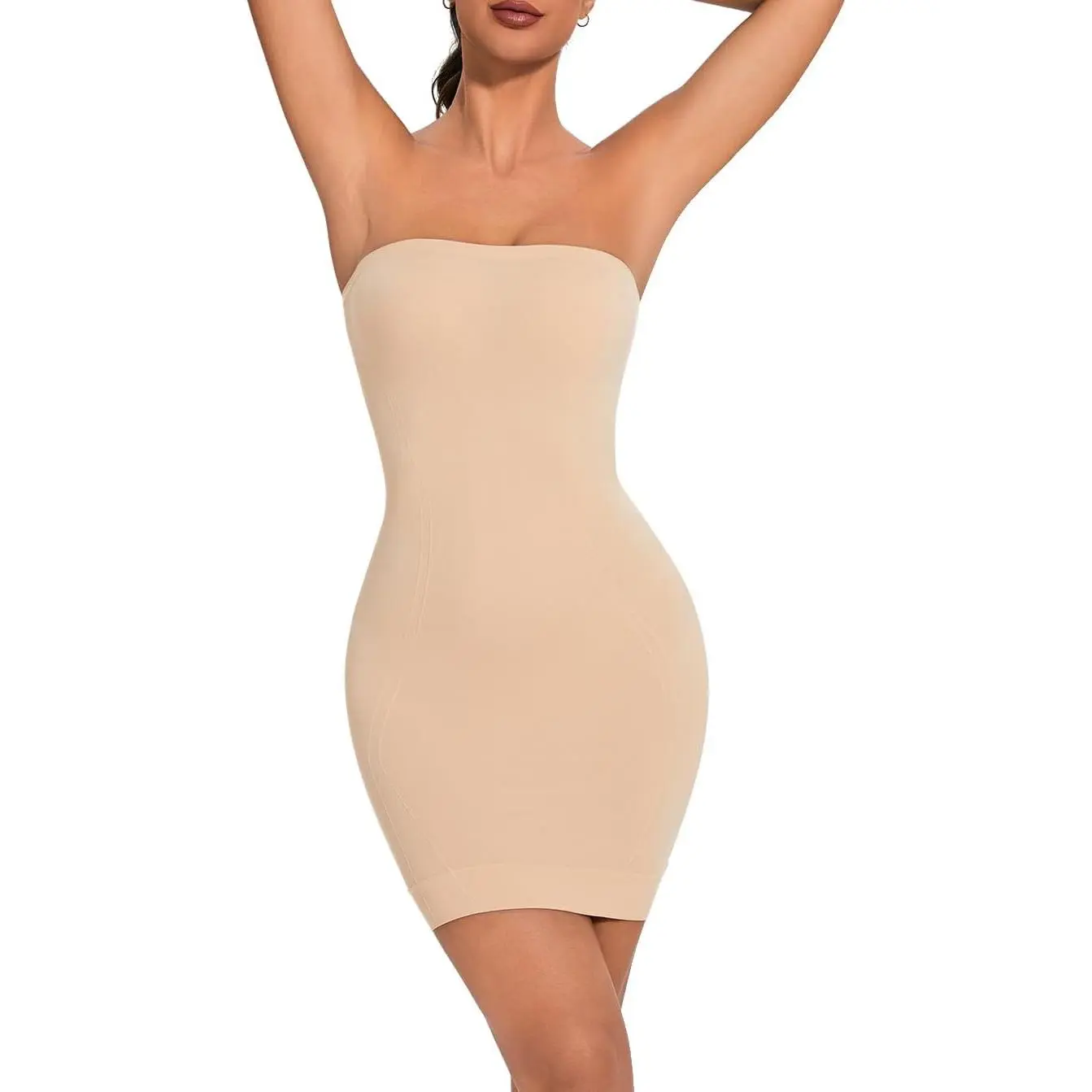 Women's Strapless Tummy Control Bodysuit Shaper - Full Slip Dress with Adjustable Buttons, Thong Design for Wear Under Dresses, Seamless