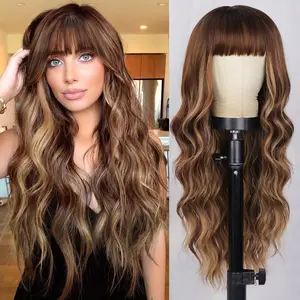 DealsForYouDays AISI HAIR Women's Heat Resistant Synthetic Full Machine Wig, Long Wavy Brown Mixed Blonde Ombre Wig with Bangs, Natural Realistic