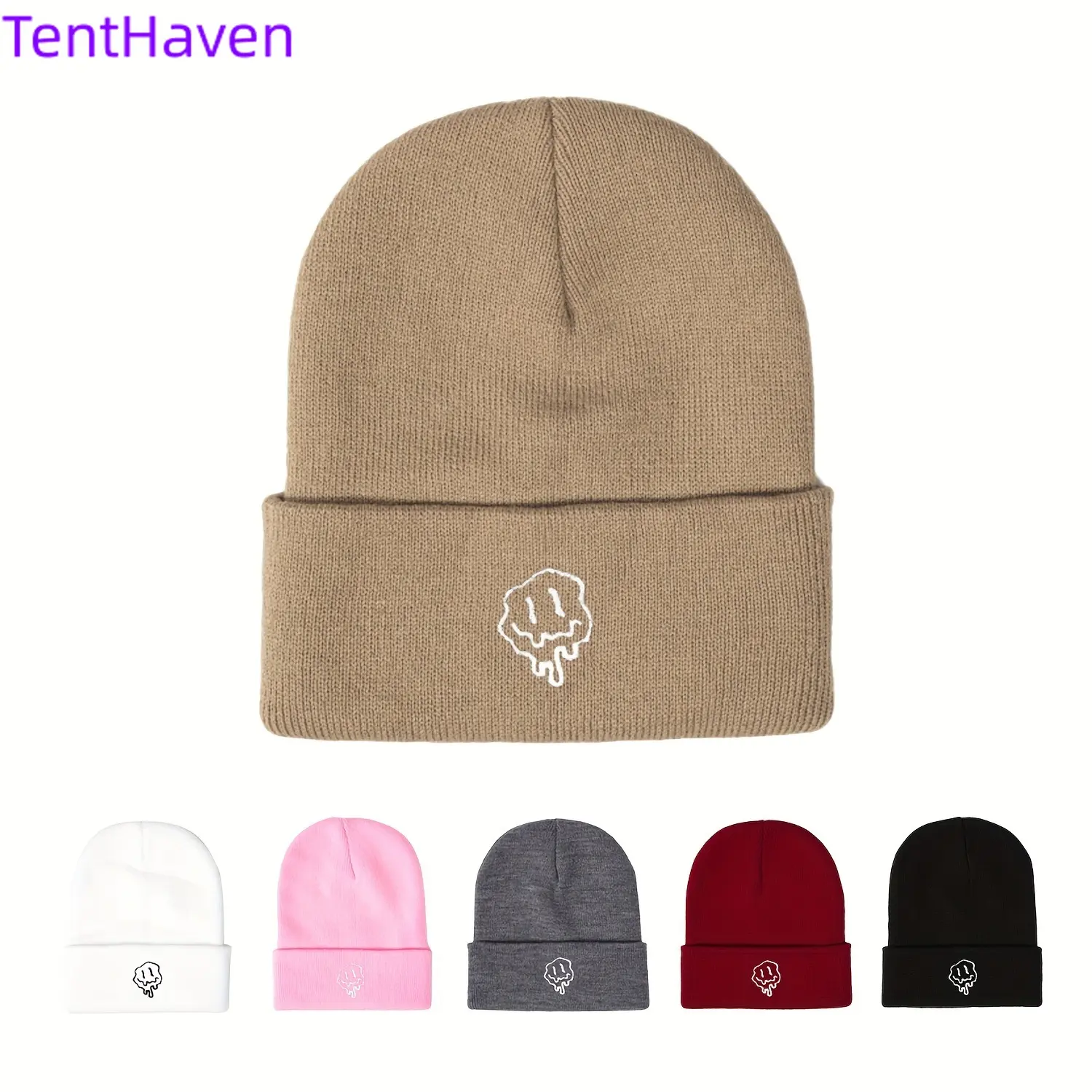 Melted Face Embroidered Beanie, Soft Knitted Cotton Korean Casual Winter Accessory for Adults, Warm Streetwear, Black, Burgundy, Female, Daily Wear, All Seasons, Soft Cotton, Fashion, Face Embroidery, Beanies