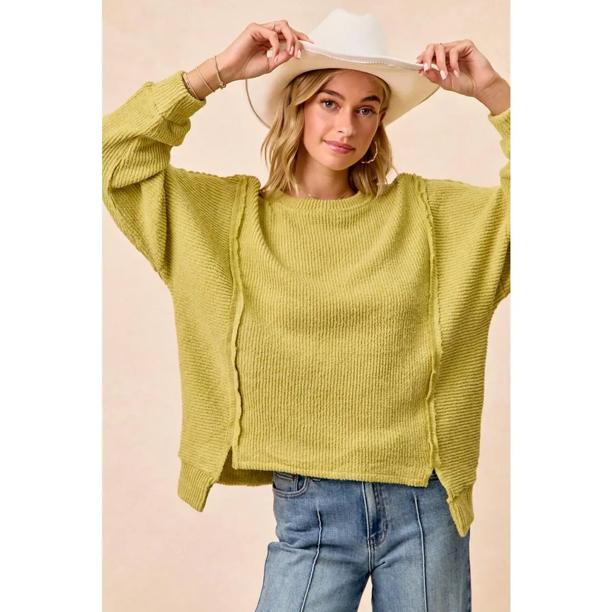 BiBi Boucle Rib Knit Uneven Hem Sweater With Open Seam