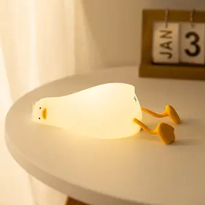 BS+Silicone Lying Flat Duck Night Light LED Soft Duck Lamp Cute Luminous Rubber Duck Adjustable Brightness Nursery Night Light Rechargeable Bedside Touch Lamp