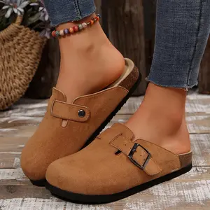 Women's Half Head Sandals Suede Cork Footbed Sandals Potato Shoes Slip On Adjuestable Non-Slip Slippers Cork Clogs Casual