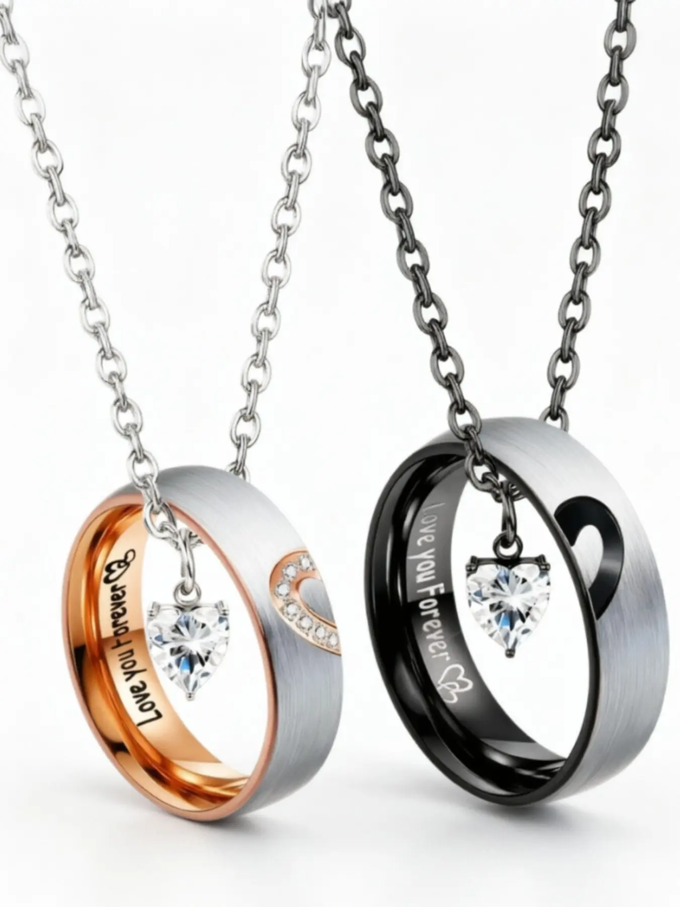 Couple ring set, stainless steel pendant necklace with unisex commitment rings, romantic anniversary and Valentine's Day Exquisite Jewelry Gift Heart Necklace Love Heart Necklace Heart Shaped Necklace Heart Pendant Necklaces Heart Design Jewelry