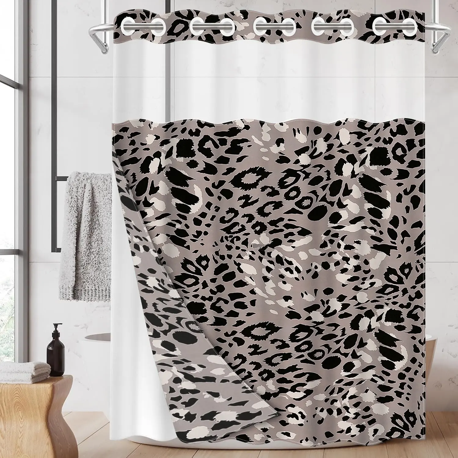 1pc hookless shower curtain, Bathroom Curtains Shower, with buckle lining, gray and black leopard print patchwork design, 2D flat printing, fabric waterproof lining, see-through double-layer, 71 x 74 inches, modern home curtain, Bathroom Decor