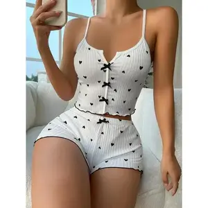 Heart Print Pajama Set for Women Sleepwear Soft Ribbed Fabric Casual Cami Tops and Shorts Pijamas Sets Loungewear