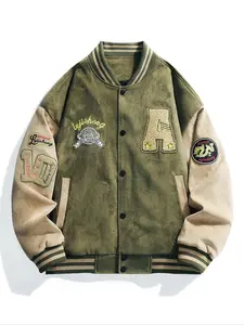 Men's Letter & Number Embroidery Patched Drop Shoulder Varsity Jacket, Casual Colorblock Long Sleeve Button Front Outerwear for Spring & Fall, Casual Style Outerwear