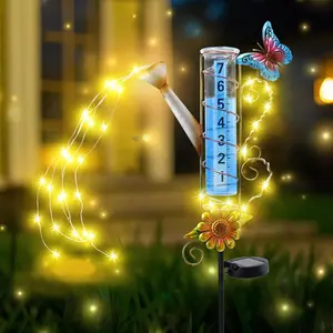Solar Rain Gauge Outdoor, Kettle Decorative Rain Gauges Outdoors  Rated with Stream-Like LED Lights, Freeze Proof Water Rain Measure Gauge for Yard Patio Lawn Decor