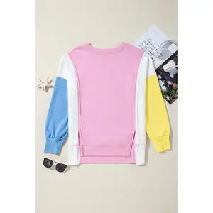Bonbon Color Block Exposed Seam Side Slits Crewneck Sweatshirt