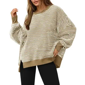 Imily Bela Women's Fall Spring Trendy Oversized Sweatshirt Casual Waffle Knit Long Sleeve Crewneck Split Pullover Tunic Tops