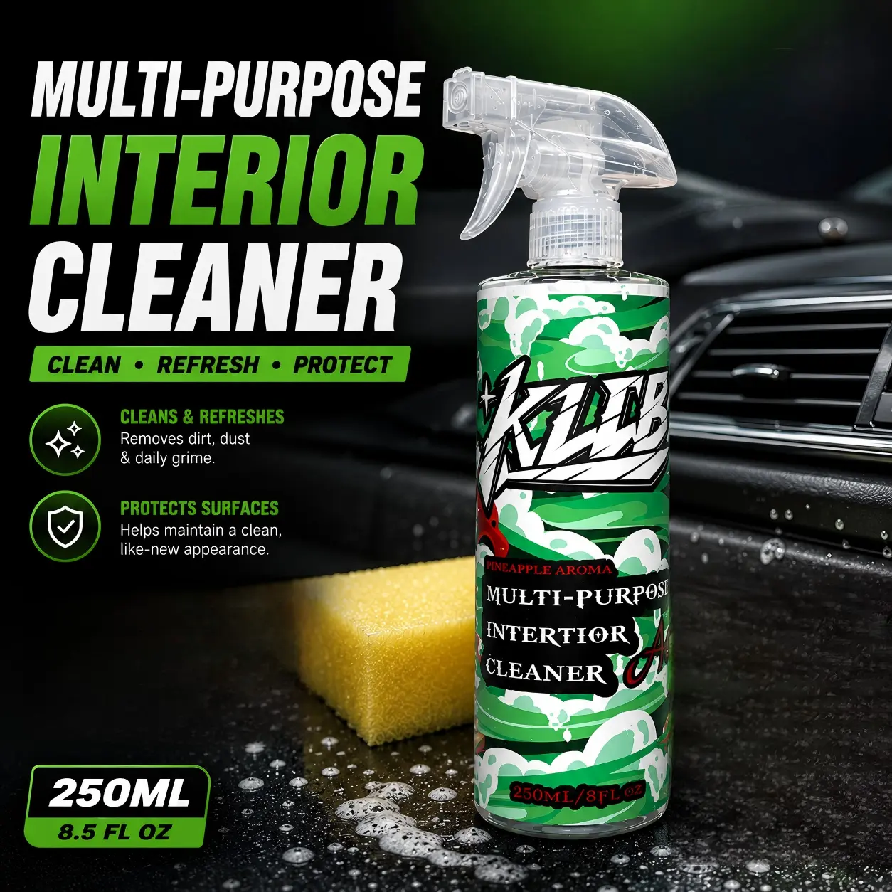 2-in-1 Car Interior Cleaner & Detailer - Car Cleaning Supplies, Interior Cleaner Protectant, Seats Dashboard Cleaner for Leather, Vinyl, Plastic, Dirt/Grime/Stain Remover with Anti-Static Dust Resistance