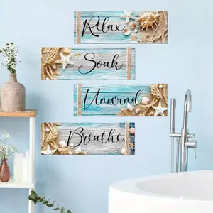 4Pcs/Set Ocean Beach Wood,Relax Soak Unwind Breathe Art Sign Hanging Wooden for Living Room Laundry Spa Washroom Christmas Party Gifts,Hand Tools Kits ﻿ ﻿ ﻿
