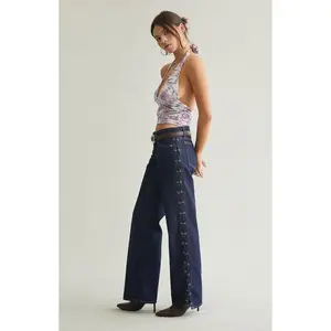 Pacsun Women's Zoe Low Rise Girlfriend Jeans Lace-Up Side Dark Blue